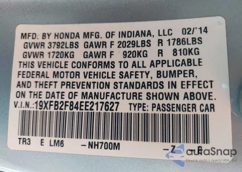 2014 Honda Civic Ex from USA, damaged, VIN 19XFB2F84EE217627